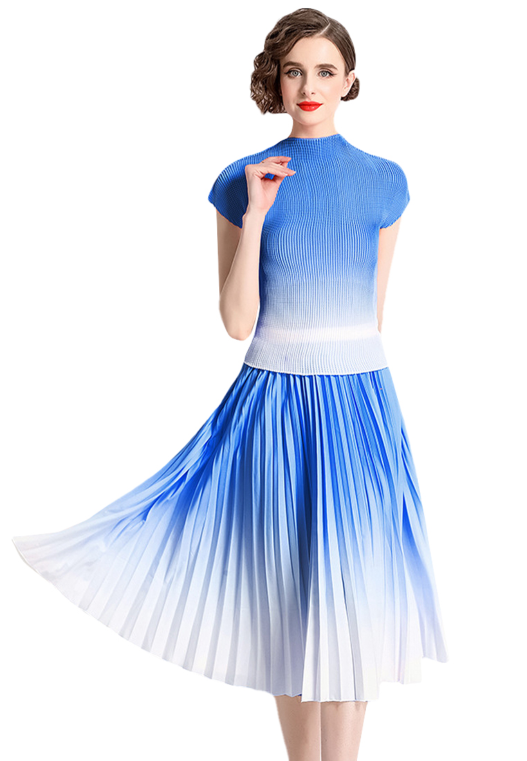 Gradient printed pleated top and skirt suit CA100536GY