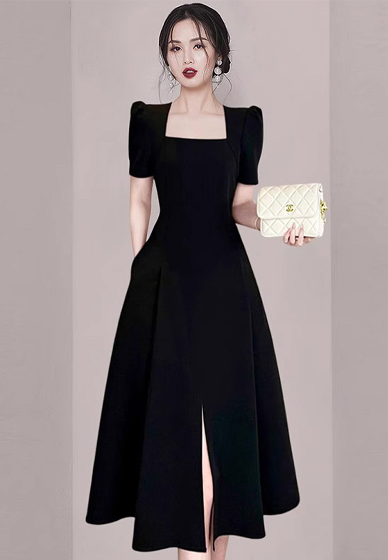 Puff sleeve slit large skirt design dress CA100541BK