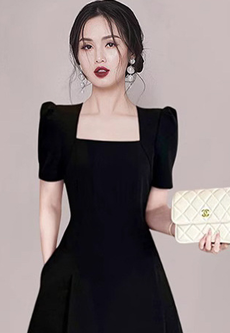 Puff sleeve slit large skirt design dress CA100541BK