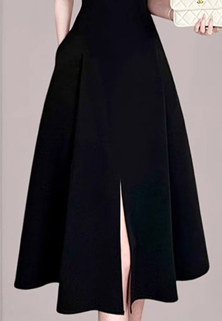 Puff sleeve slit large skirt design dress CA100541BK