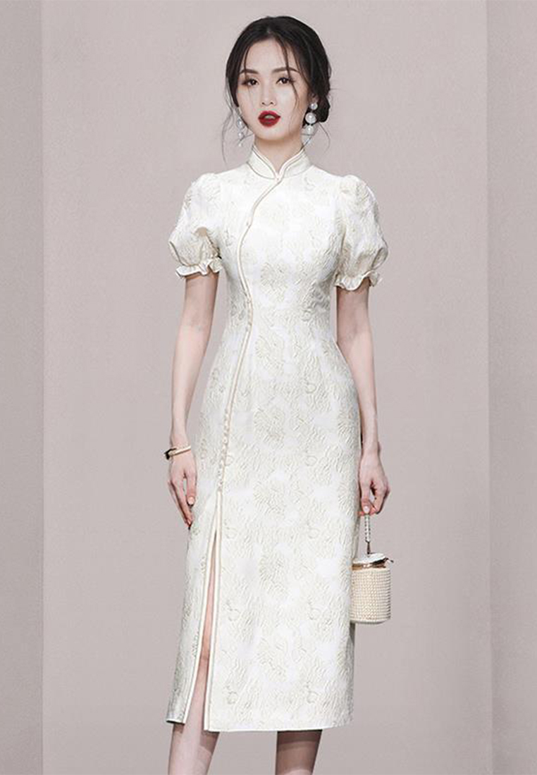Stylish stand up collar puff sleeve slit cheongsam dress CA100594