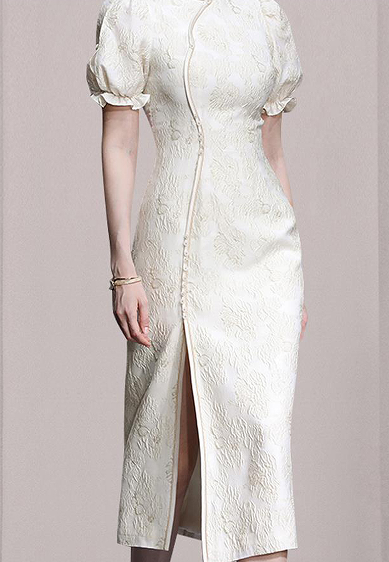 Stylish stand up collar puff sleeve slit cheongsam dress CA100594