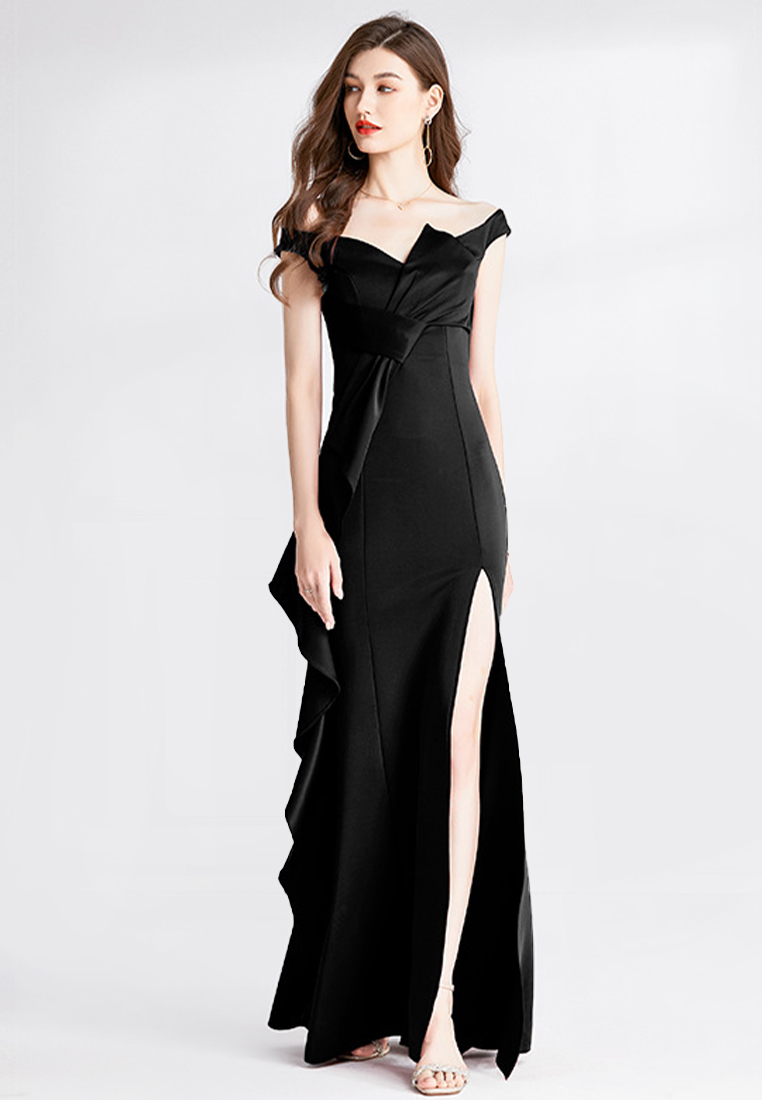 Elegant banquet fishtail long black evening dress CA110610