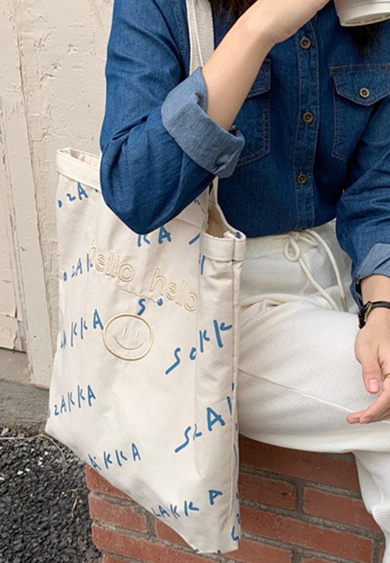 --Simple Embroidered Letters One Shoulder Tote Bag CA22032107W