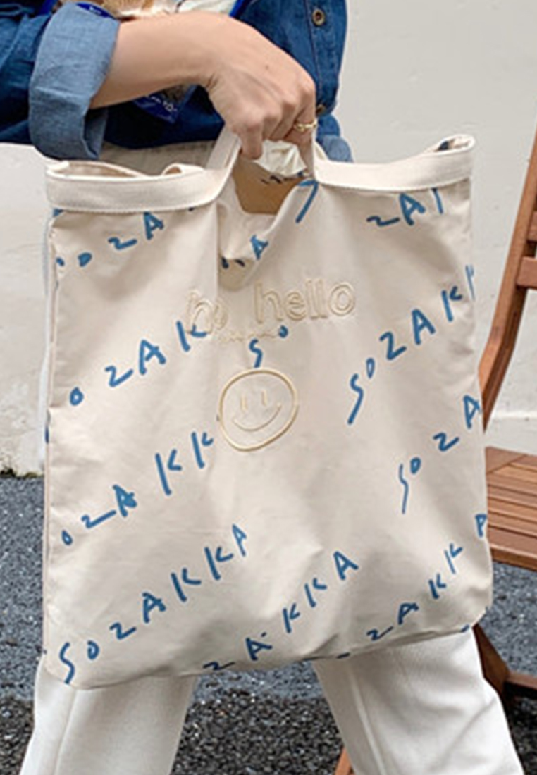 --Simple Embroidered Letters One Shoulder Tote Bag CA22032107W