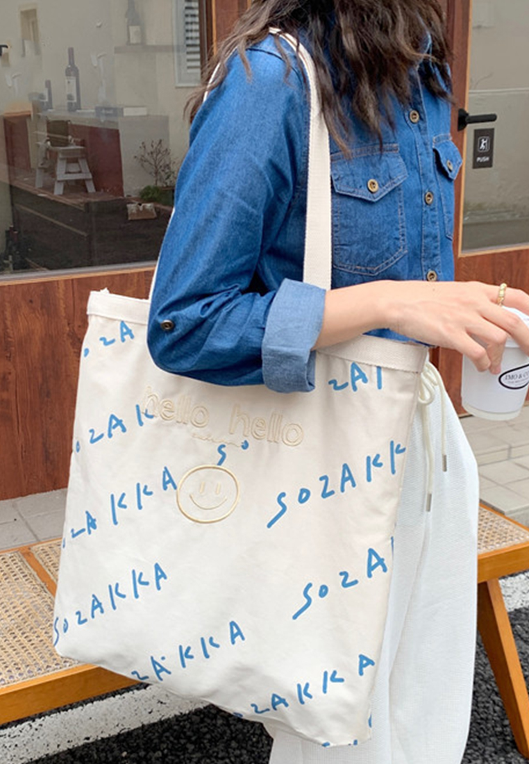 --Simple Embroidered Letters One Shoulder Tote Bag CA22032107W