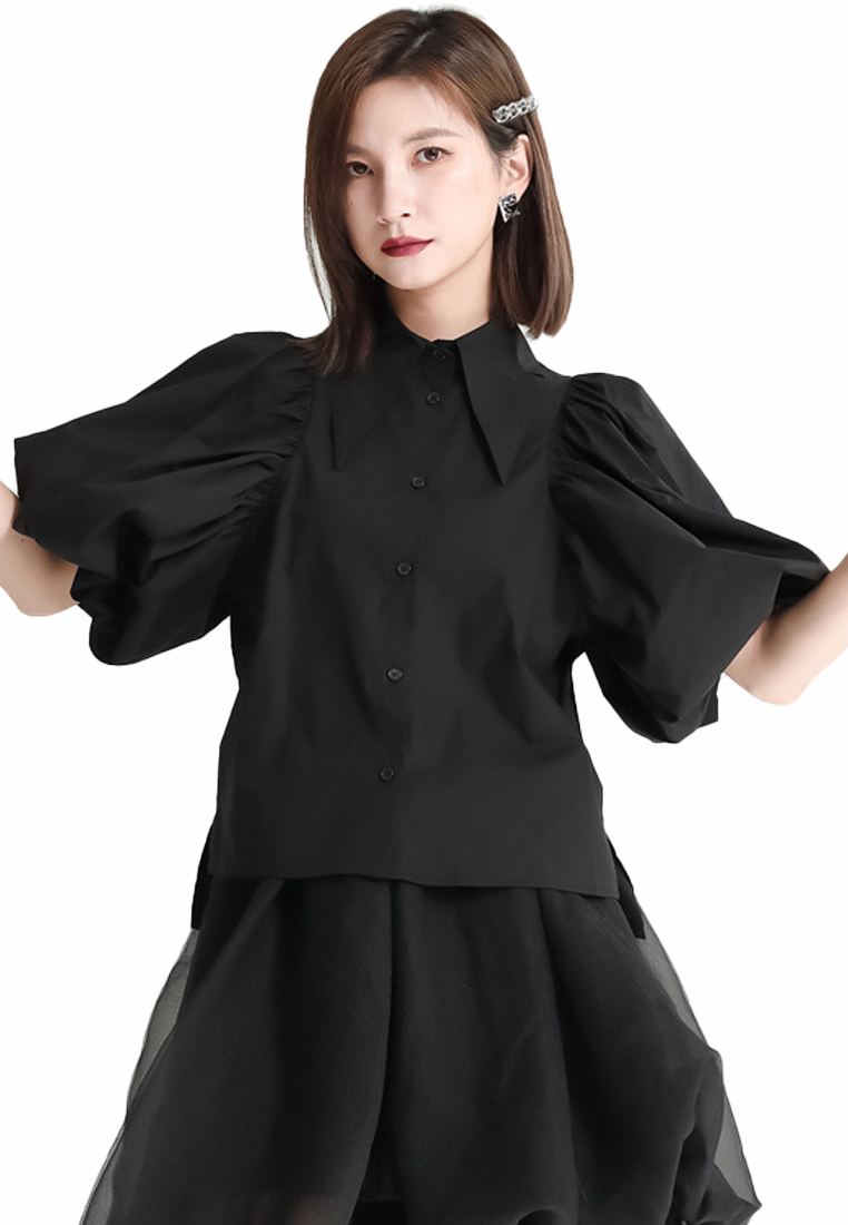 Textured Silhouette Lantern Bubble Sleeve Single Breasted Lapel Top CA23032110W