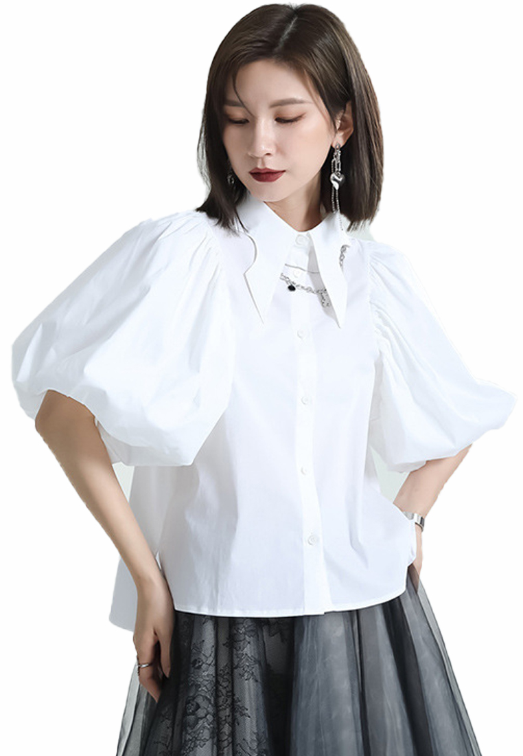 Textured Silhouette Lantern Bubble Sleeve Single Breasted Lapel Top CA23032110W