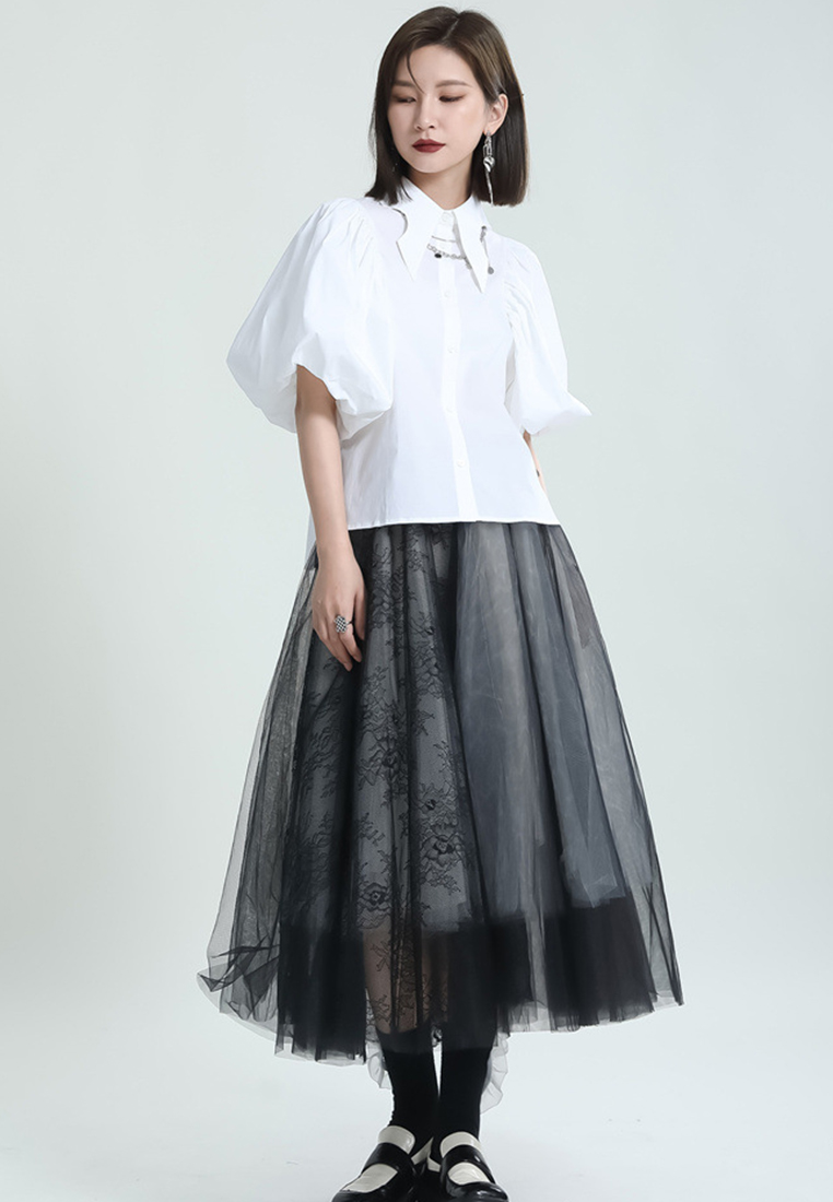 Textured Silhouette Lantern Bubble Sleeve Single Breasted Lapel Top CA23032110W