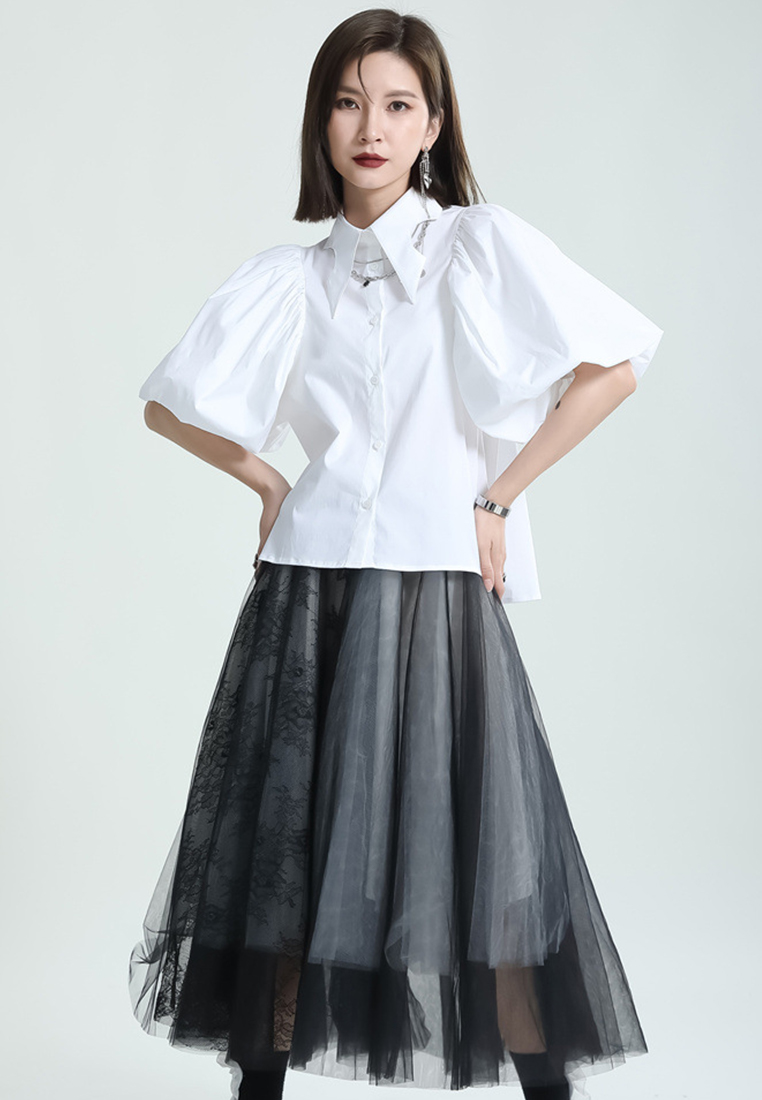 Textured Silhouette Lantern Bubble Sleeve Single Breasted Lapel Top CA23032110W