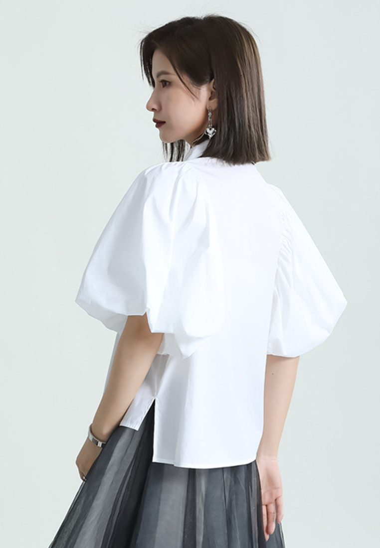 Textured Silhouette Lantern Bubble Sleeve Single Breasted Lapel Top CA23032110W