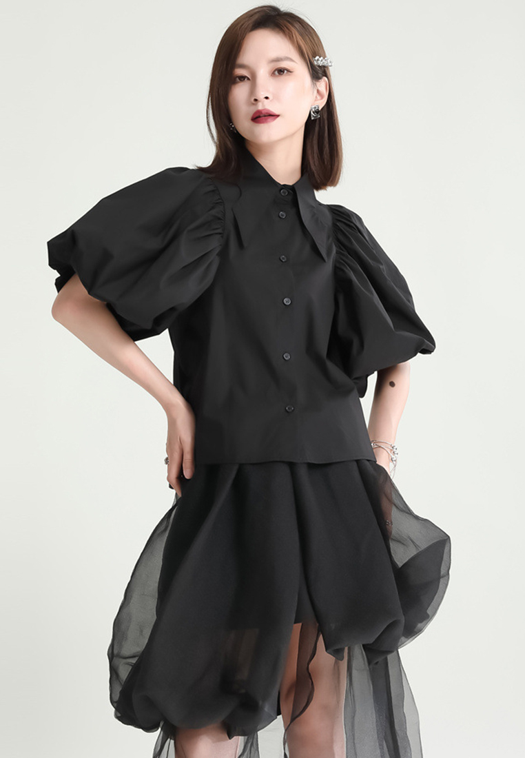 Textured Silhouette Lantern Bubble Sleeve Single Breasted Lapel Top CA23032110W