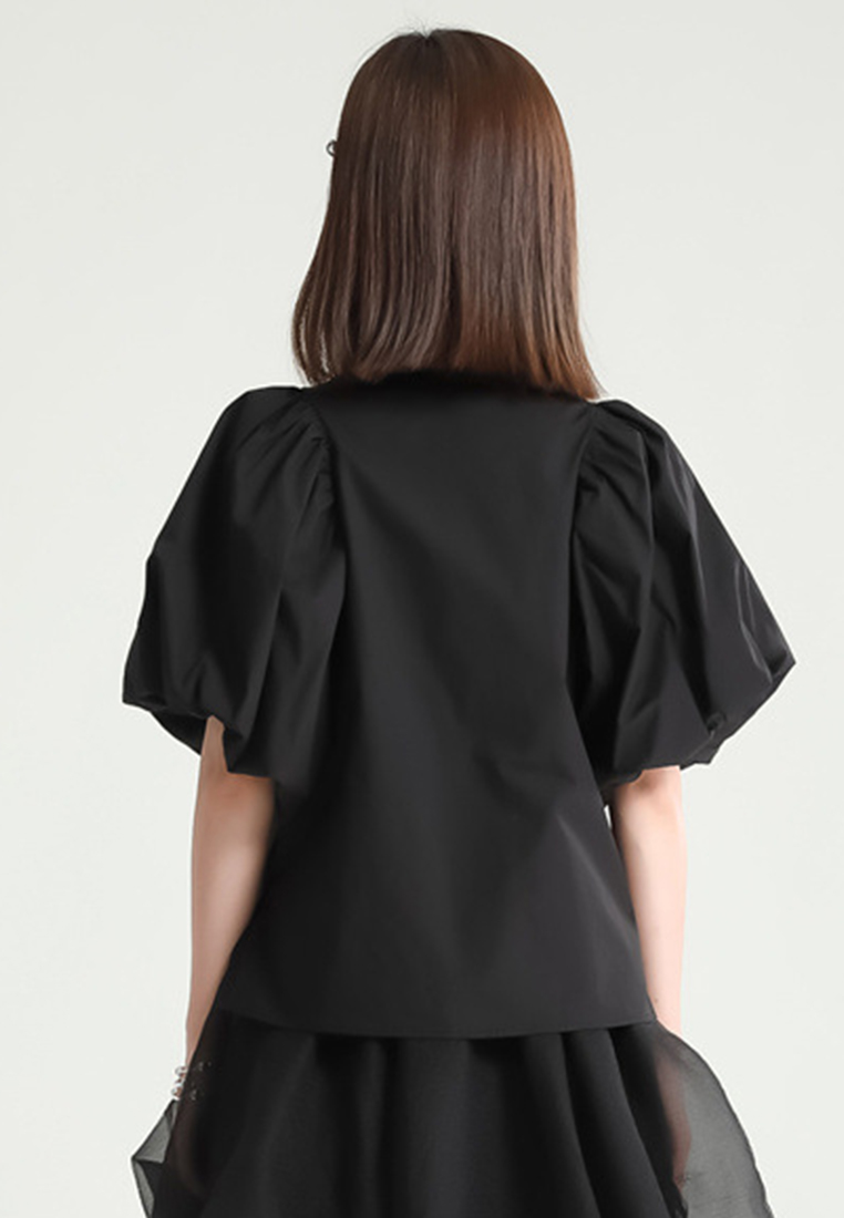 Textured Silhouette Lantern Bubble Sleeve Single Breasted Lapel Top CA23032110W