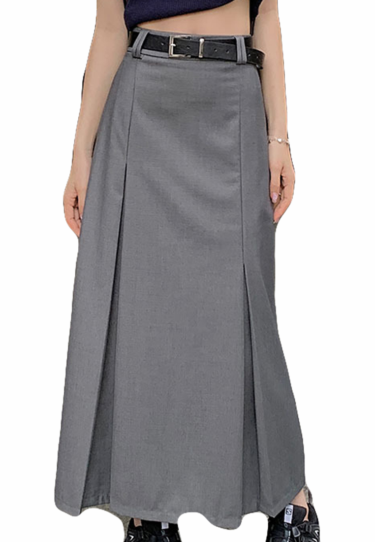 2023 American Retro High Waist Slimming A-Line Waist Belt Skirt CA23032125GY