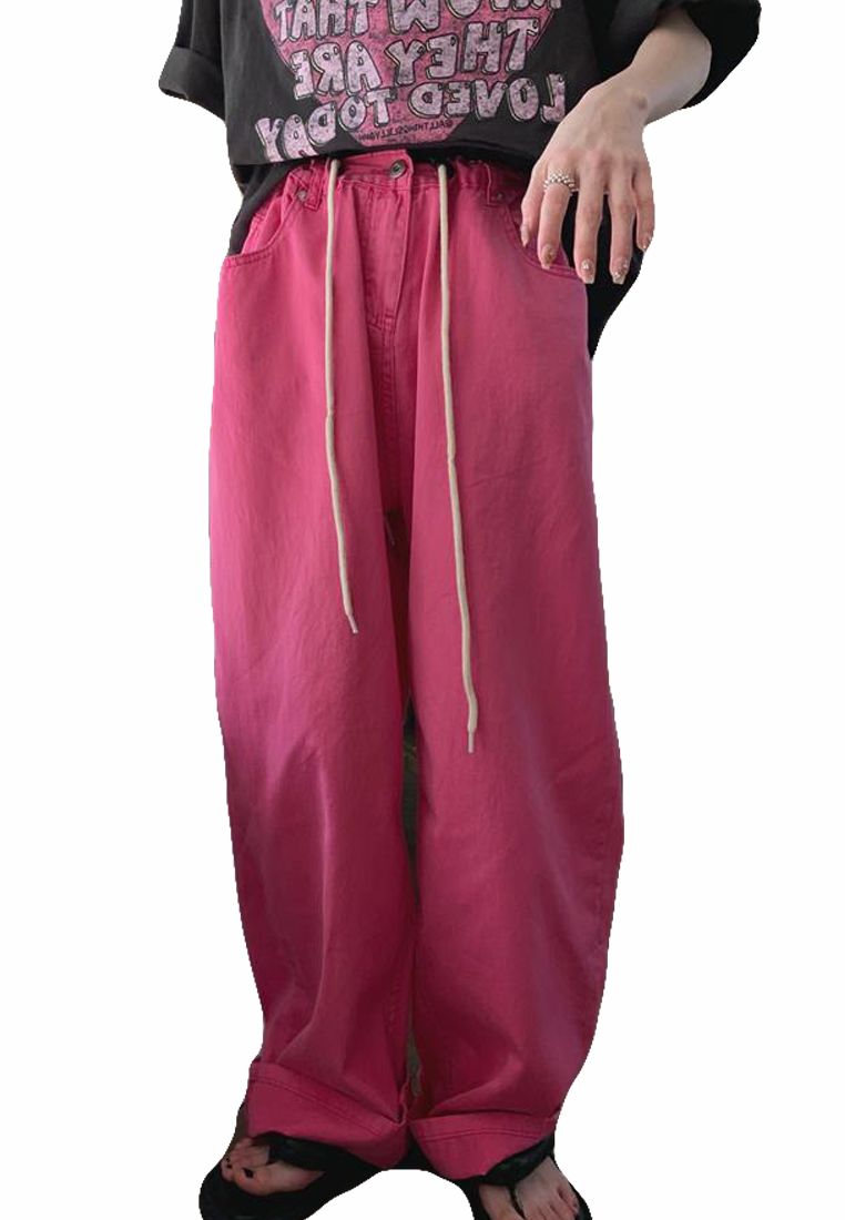 Casual And Playful High Waist Drawstring Waist Slimming Solid Color Straight Jeans CA230321280PI