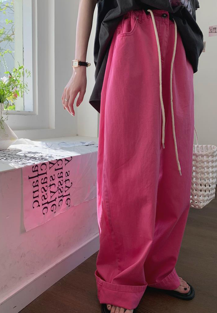 Casual And Playful High Waist Drawstring Waist Slimming Solid Color Straight Jeans CA230321280PI