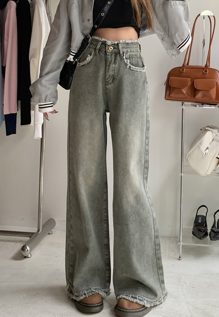 Vintage Distressed Fur Trim High Waist Skinny Wide Leg Jeans CA23032129