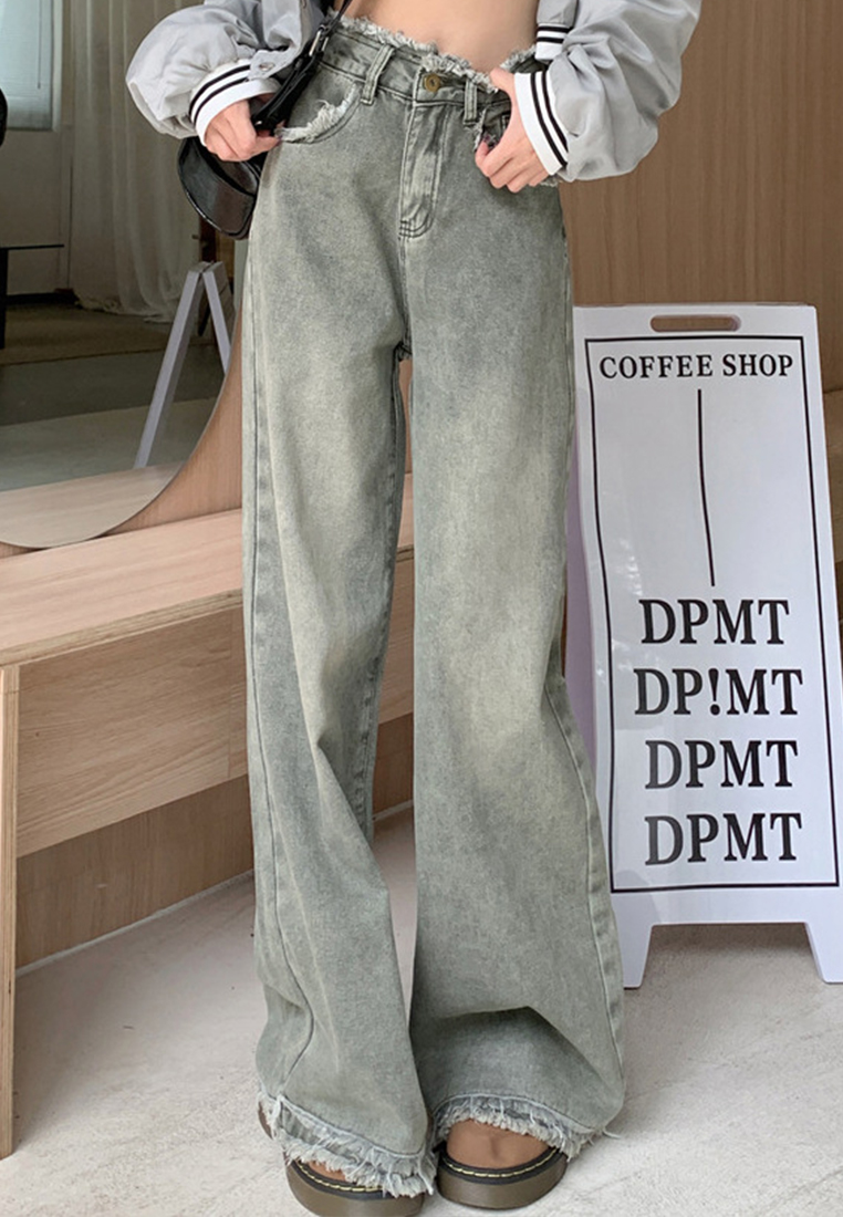 Vintage Distressed Fur Trim High Waist Skinny Wide Leg Jeans CA23032129