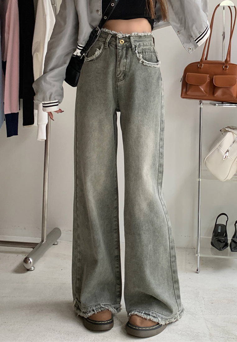 Vintage Distressed Fur Trim High Waist Skinny Wide Leg Jeans CA23032129