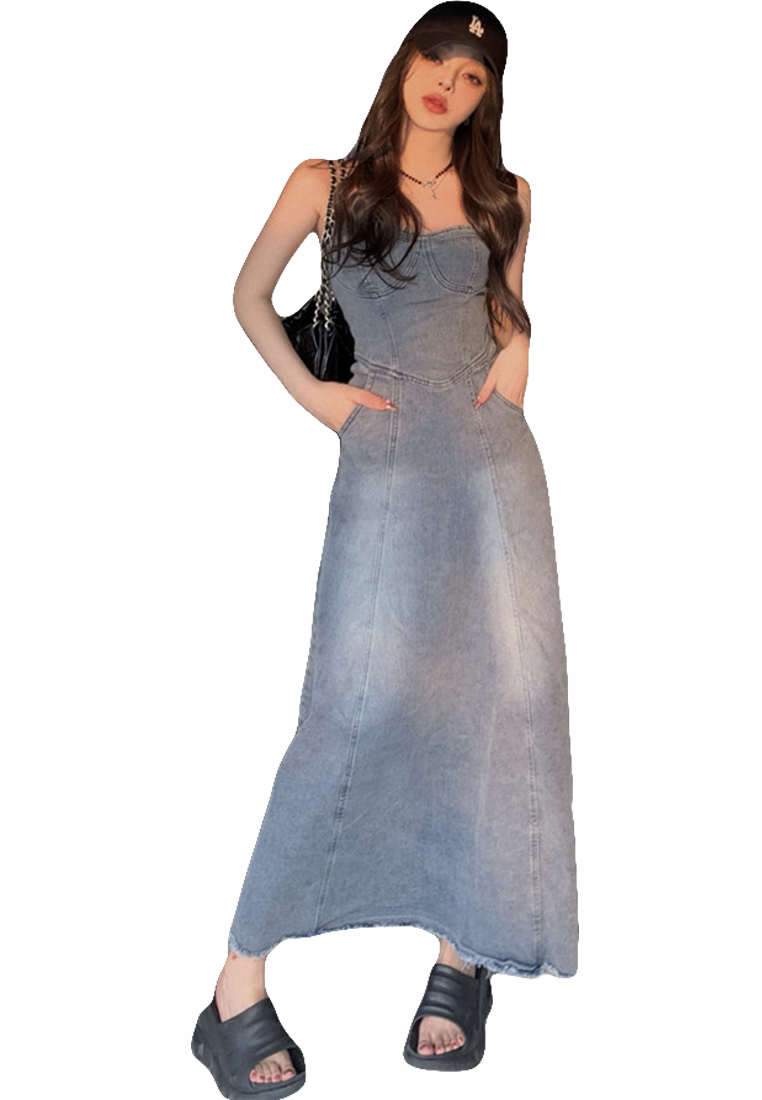 2023 Sexy Slim High Waist Slim Retro Blue Tube Top Denim A-Line Long Dress CA23032137