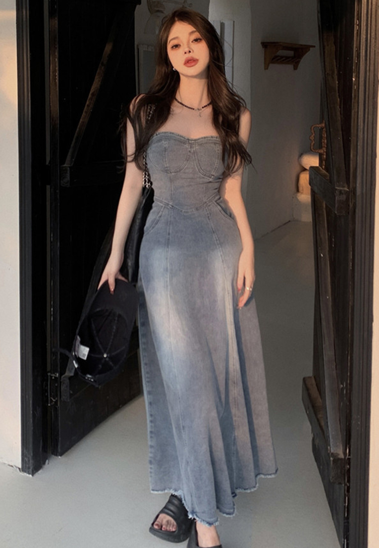 2023 Sexy Slim High Waist Slim Retro Blue Tube Top Denim A-Line Long Dress CA23032137