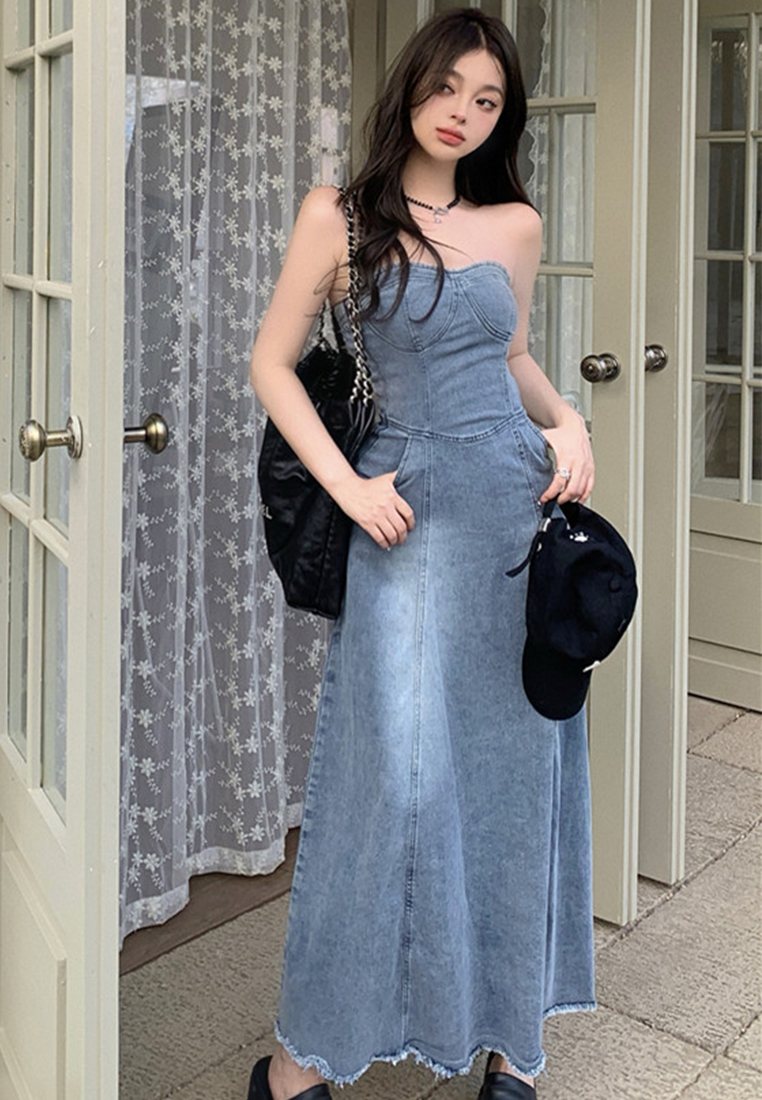 2023 Sexy Slim High Waist Slim Retro Blue Tube Top Denim A-Line Long Dress CA23032137