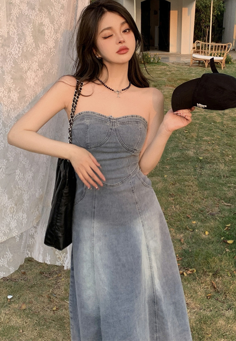 2023 Sexy Slim High Waist Slim Retro Blue Tube Top Denim A-Line Long Dress CA23032137