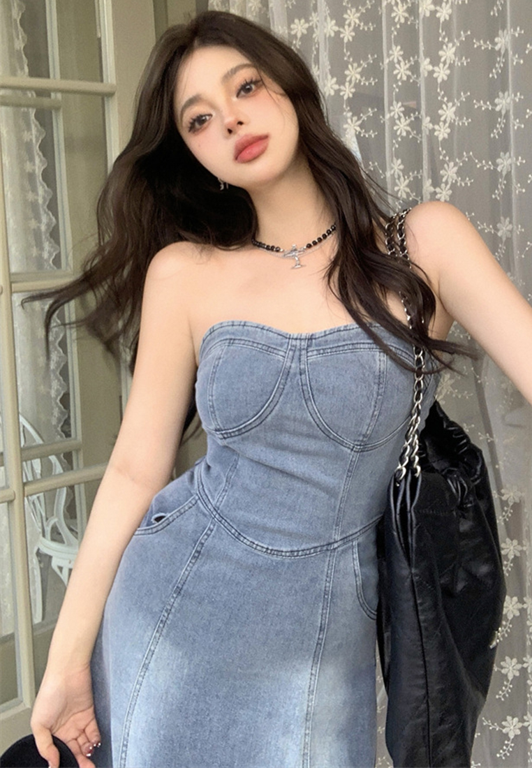 2023 Sexy Slim High Waist Slim Retro Blue Tube Top Denim A-Line Long Dress CA23032137