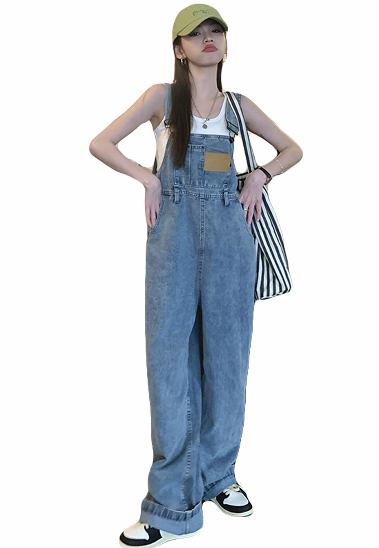 Retro playful solid color chest leather trim loose slim denim overalls CA23032138