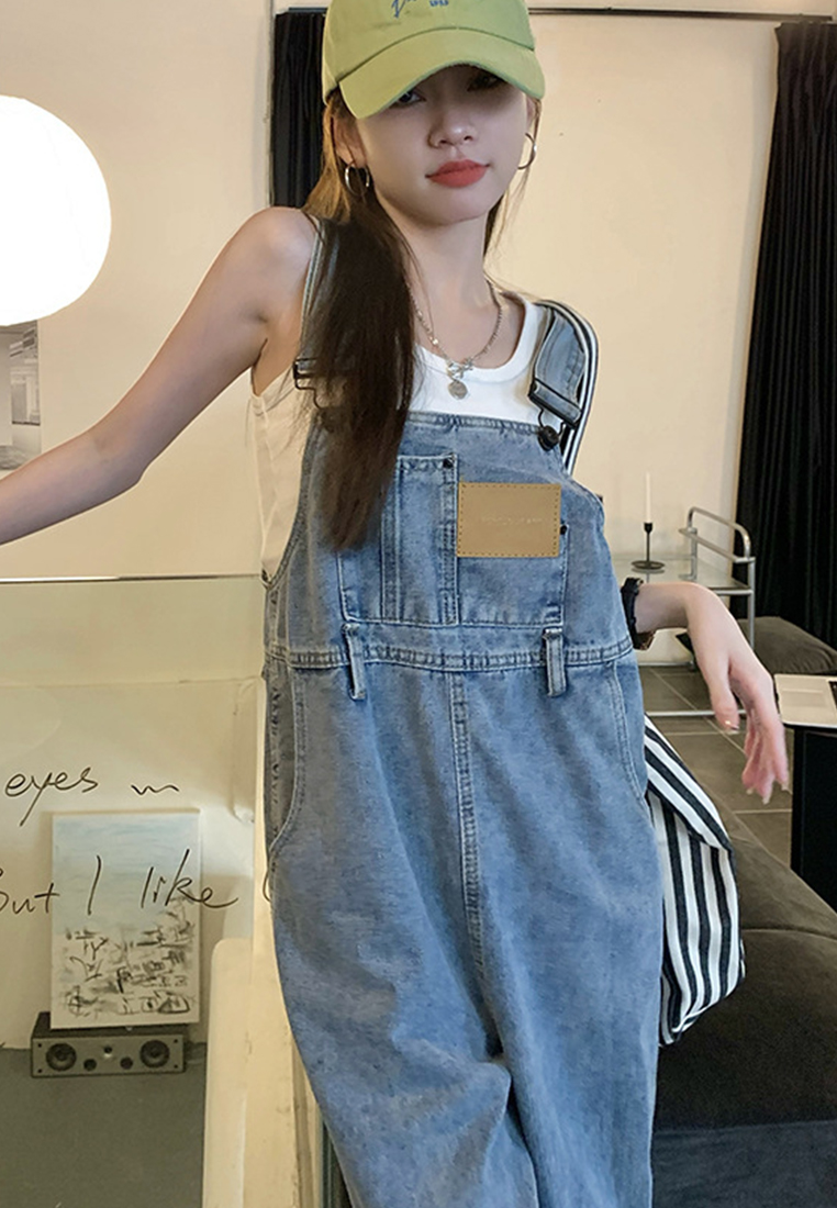 Retro playful solid color chest leather trim loose slim denim overalls CA23032138