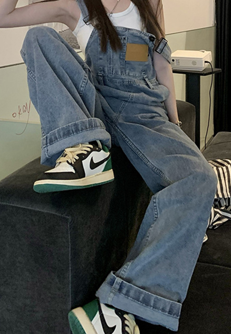 Retro playful solid color chest leather trim loose slim denim overalls CA23032138