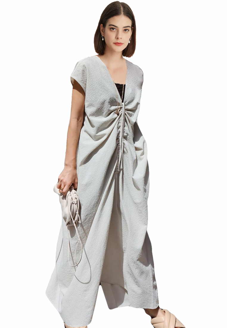 --High Luxury Design Front And Back V-Neck Chest Drawstring Pleated One-Piece Dress CA23032139