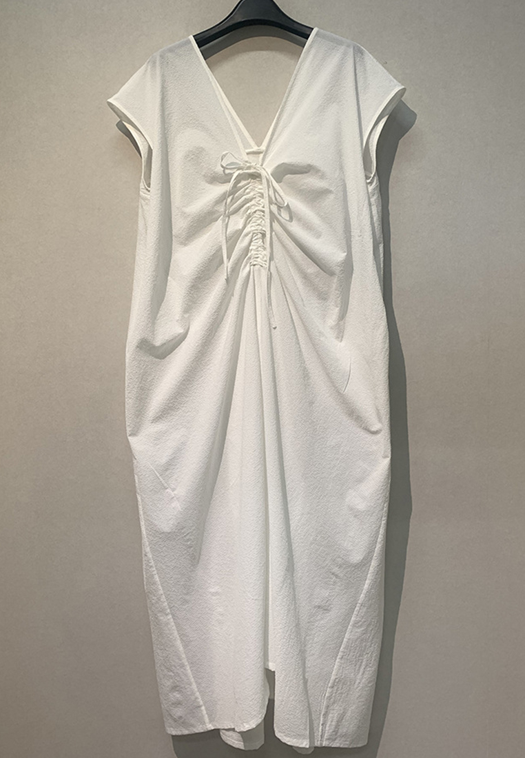 --High Luxury Design Front And Back V-Neck Chest Drawstring Pleated One-Piece Dress CA23032139