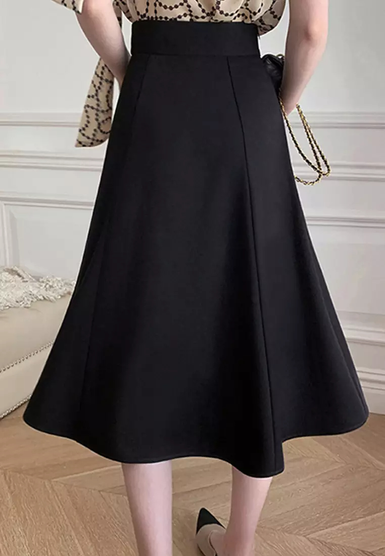 Elegant Retro High Waist A-Line Midi Skirt A21051347BK