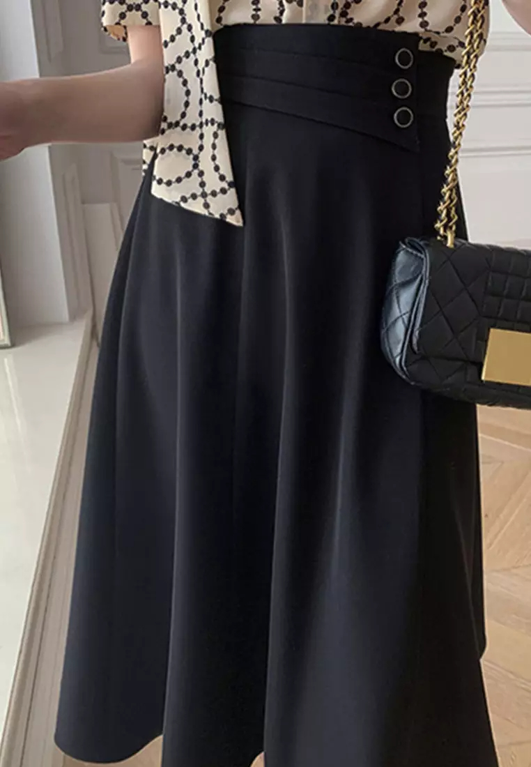 Elegant Retro High Waist A-Line Midi Skirt A21051347BK