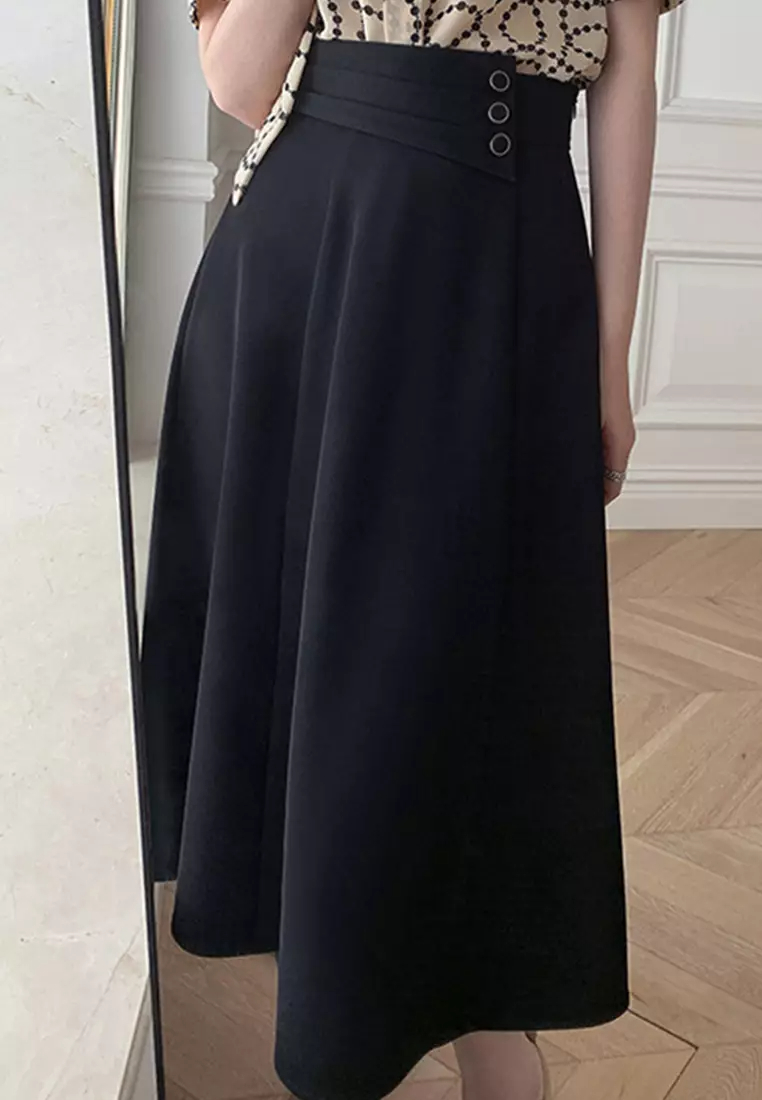 Elegant Retro High Waist A-Line Midi Skirt A21051347BK
