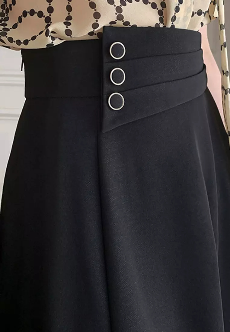 Elegant Retro High Waist A-Line Midi Skirt A21051347BK