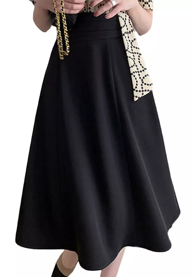 Elegant Retro High Waist A-Line Midi Skirt A21051347BK