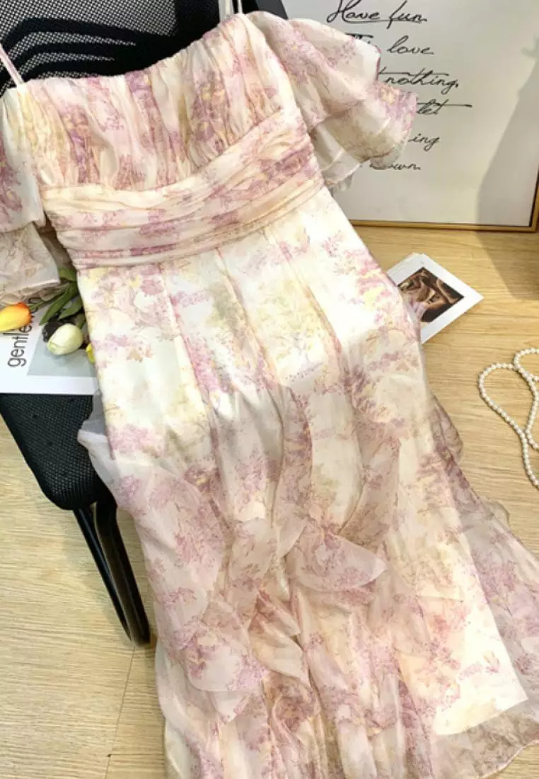 Exquisite quality one-shoulder puff sleeve chiffon floral suspender dress K0606030