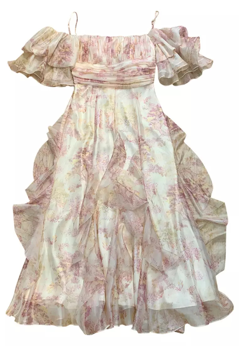 Exquisite quality one-shoulder puff sleeve chiffon floral suspender dress K0606030