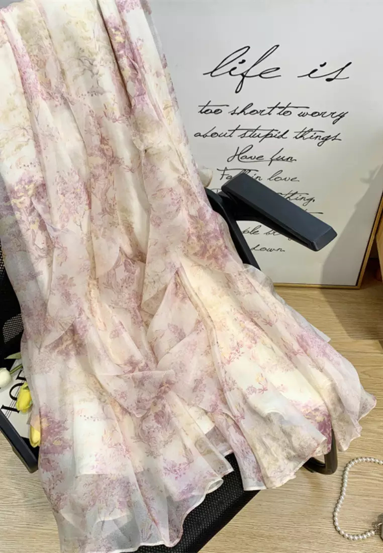 Exquisite quality one-shoulder puff sleeve chiffon floral suspender dress K0606030