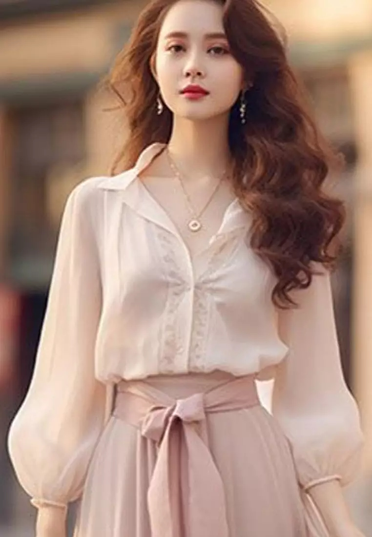 Fashion Pink Chiffon Shirt Half Skirt Set CA092625-sunnydaysweety