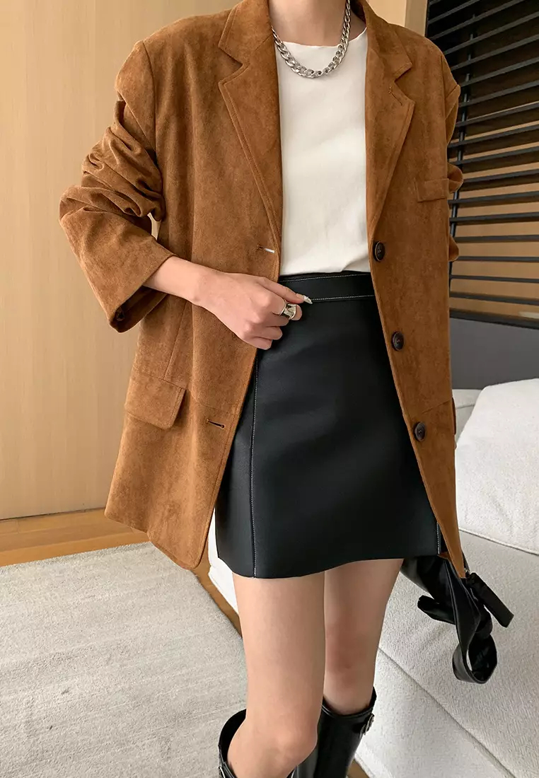 Fashion mid-century style imitation suede loose suit jacket Blazer K100310