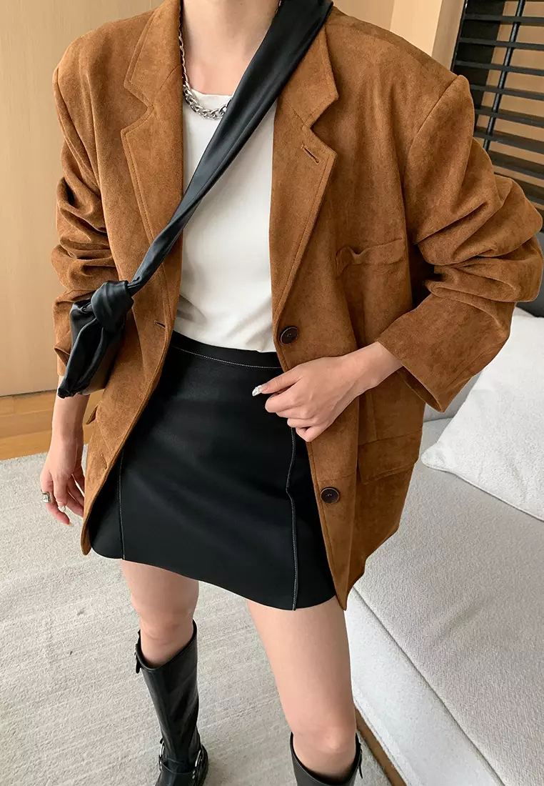 Fashion mid-century style imitation suede loose suit jacket Blazer K100310