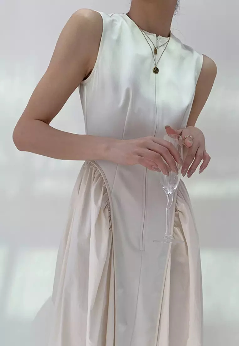 Fashionable and elegant patchwork pleated sleeveless dress K052806BK