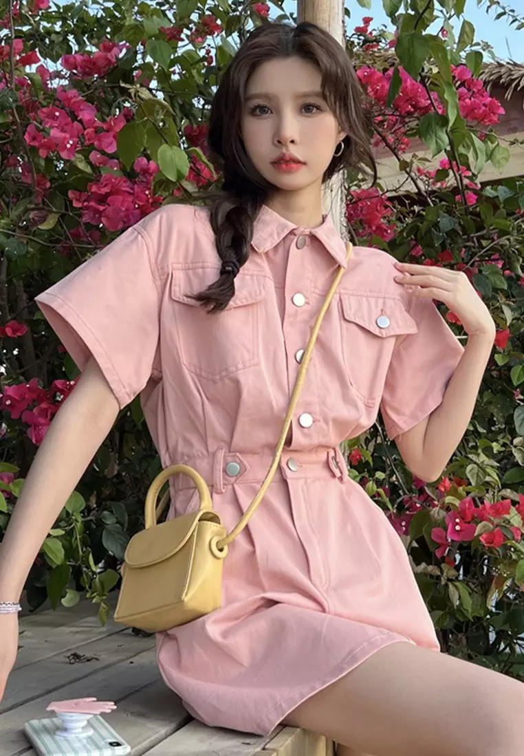 Front and rear pockets + zipper new short-sleeved polo collar dress CA24050638BE-sunnydaysweety