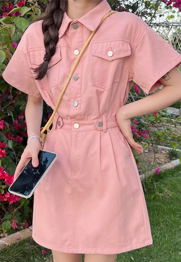 Front and rear pockets + zipper new short-sleeved polo collar dress CA24050638BE-sunnydaysweety