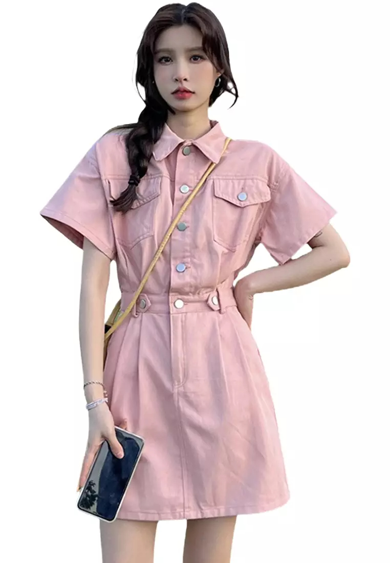 Front and rear pockets + zipper new short-sleeved polo collar dress CA24050638BE-sunnydaysweety