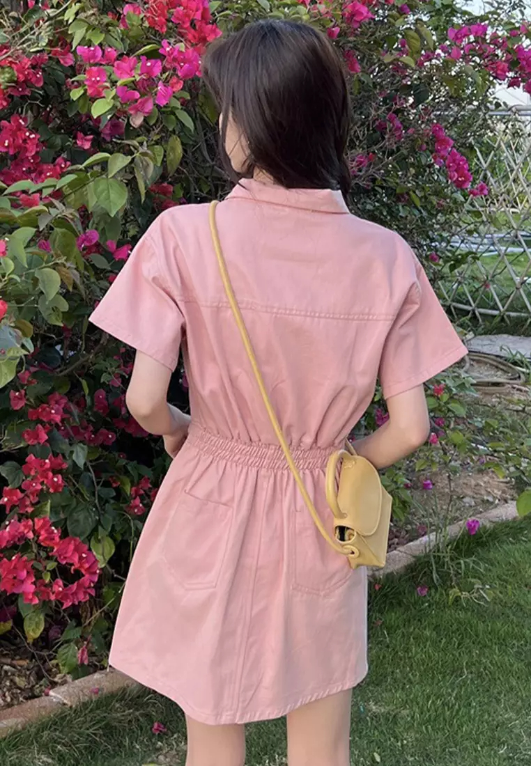 Front and rear pockets + zipper new short-sleeved polo collar dress CA24050638BE-sunnydaysweety