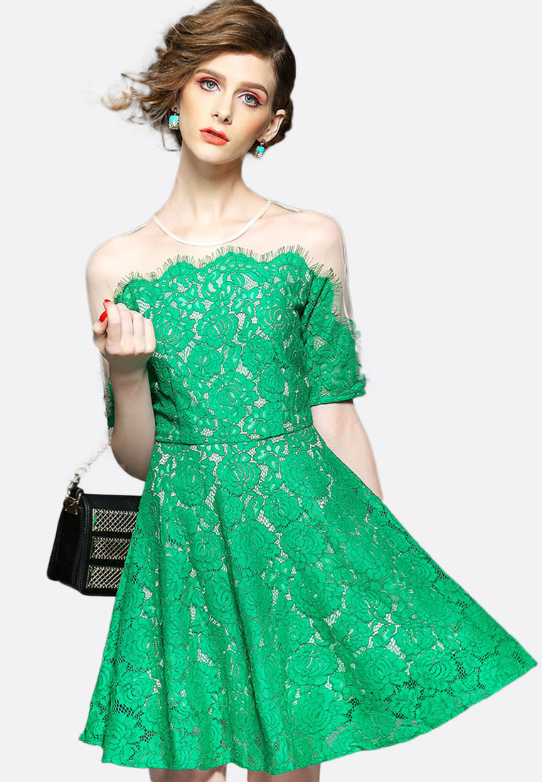 --Green Lace See Through Shoulder One Piece Dress K200414-M